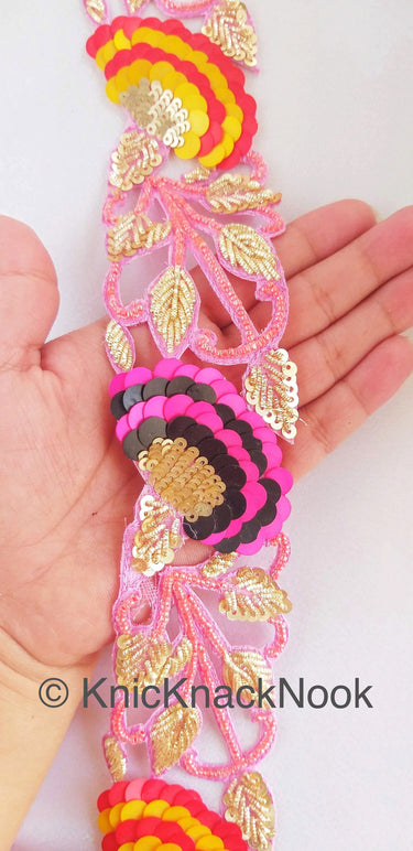 Pink / Peach Indian Beaded Lace Trim, Handmade, Sequins Trim